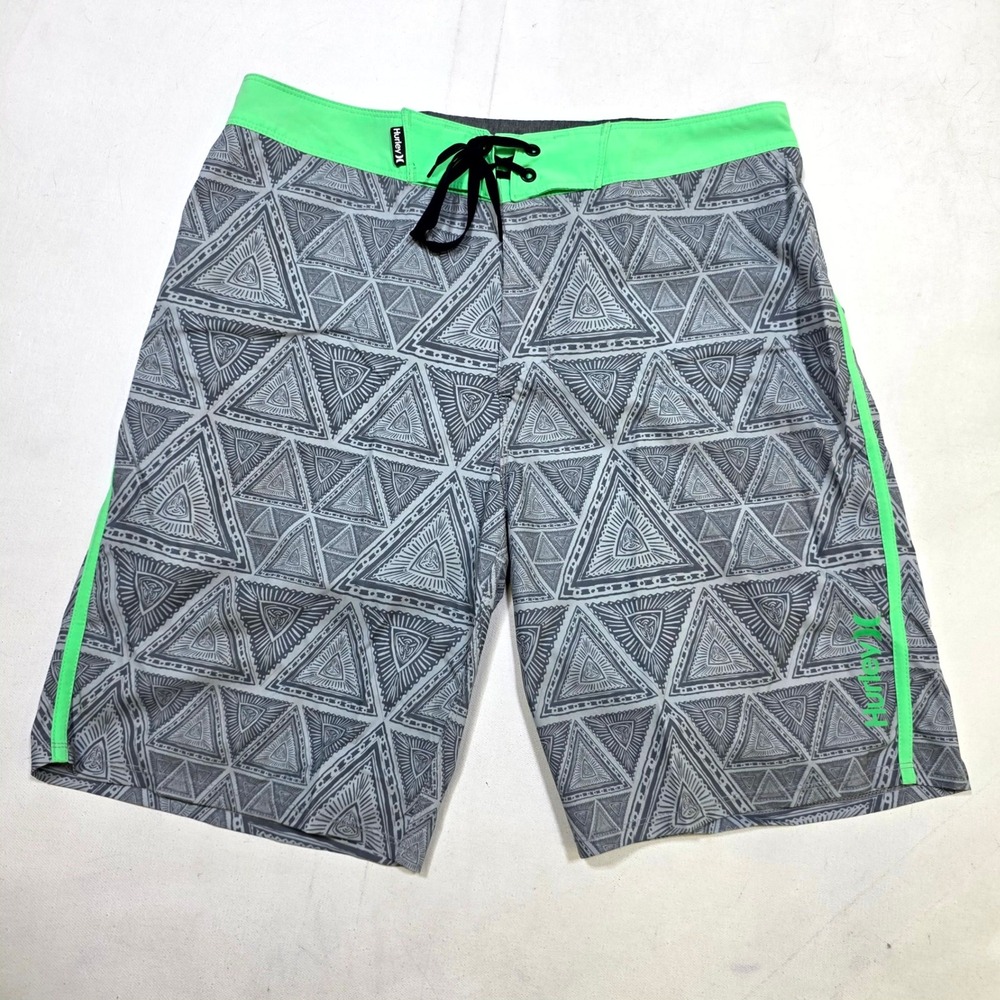 Hurley Board Shorts Mens 32 Gray Neon Green Geometric Tribal Print Swim Trunks